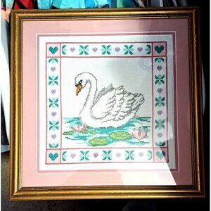 Cross Stitch Swan & Waterlilies Pink Mat Gold Tone Professionally Framed